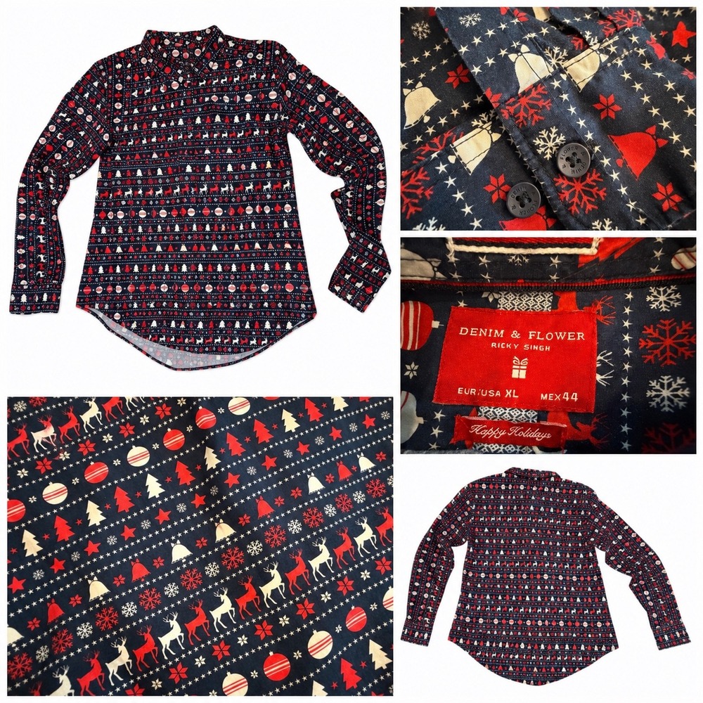 Denim & Flower Ricky Singh Mens XL Navy Blue Holiday Reindeer‎ Christmas Shirt